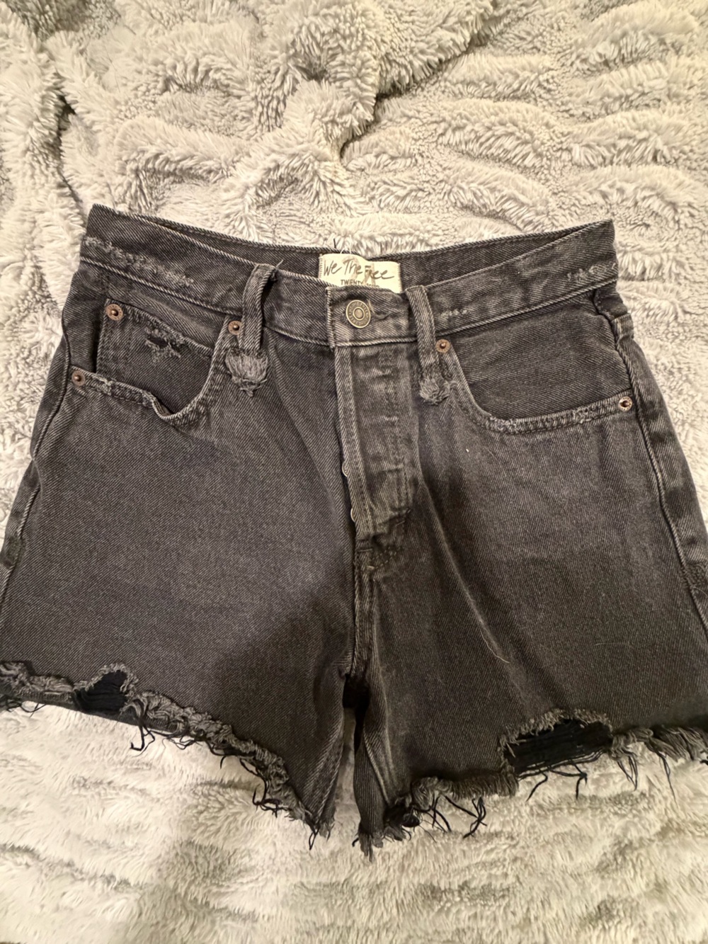 Free People Black Distressed High-Rise Denim Shorts